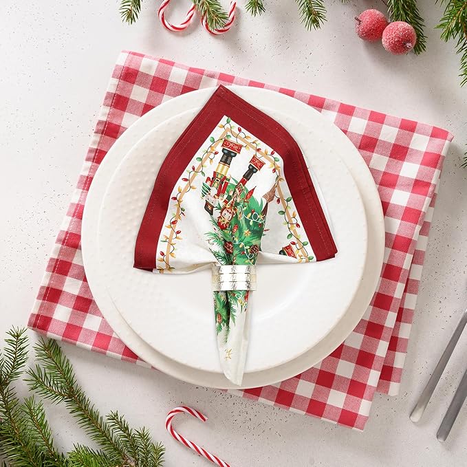 Christmas Pine Tree Napkins, 18×18 Inch Embroidered Cotton Napkins Set of 4, Washable Cotton Soft Absorbent Square Table Top Decoration for Dining Kitchen Party Wedding