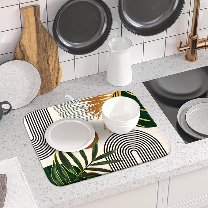 Boho Leaves Dish Drying Mat 16x18 inch Mid Century Absorbent Drainer Rack Mats Fast Dry Bottles Dish Dry Pad Protector Kitchen Accessories