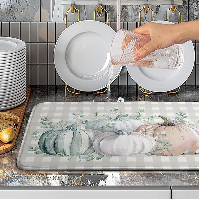 Thanksgiving Fall Dish Drying Mat Pumpkin Dish Drying Pad Autumn Large Dish Drying Matt Absorbent Dish Drainer Mat for Kitchen Counter Decor XL Coffee Maker Mat18x24 In