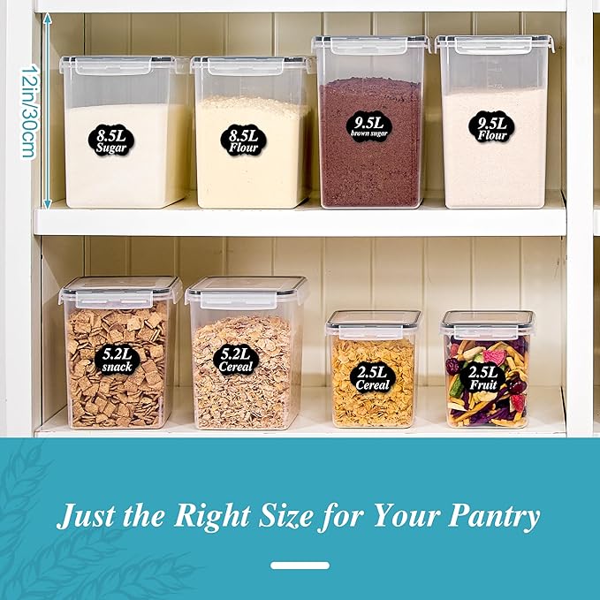 Vtopmart 5 Pack Large Flour and Sugar Storage Containers Set, Airtight Kitchen Pantry Organizers and Storage with Lids for Bulk food, Baking Supplies, BPA Free, Black