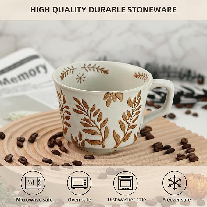 Ceramic Coffee Mug, 12 oz Novelty Unique Teacup with Large Handle, Stoneware Cup for Tea Mocha Latte Cappuccino Espresso (Set of 2, Ivy and Leaf)