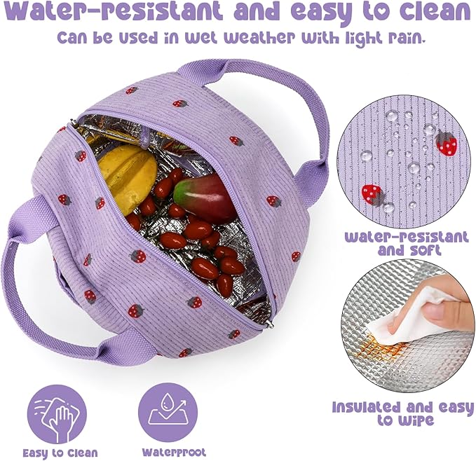 Bluboon Lunch Bag for Women Men Cute Corduroy Lunch Tote Bags Reusable Insulated Lunch Box Large Capacity Reusable Insulated Cooler for Work Picnic or Travel (Corduroy strawberry purple)