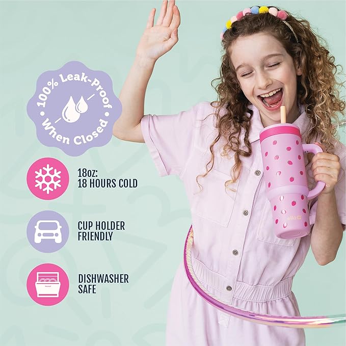 Ello Oasis 18oz Stainless Steel Kids Tumbler with Handle & Retracting Straw, 100% Leakproof, Double-Wall Vacuum Insulated, Kids Water Bottle for School, BPA Free + Dishwasher Safe, Strawberries