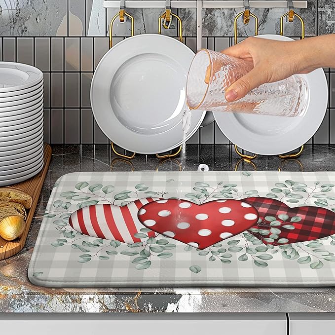 Valentines Day Dish Drying Mat Valentine Buffalo Plaid Eucalyptus Hearts Dishes Dryer Pad for Kitchen Countertops Microfiber 18x24 Inches