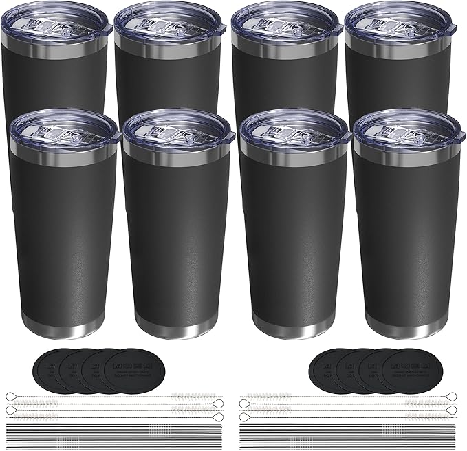 Travel Coffee Tumbler 20oz, 8 Pack Leakproof Travel Coffee Mug with Lid and Straw, Stainless Steel Double Wall Vacuum Insulated Tumbler for Hot/Iced Drinks (Textured Matte, Black)
