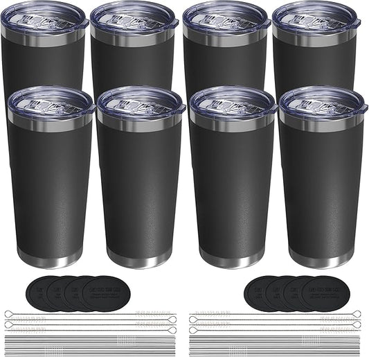 Travel Coffee Tumbler 20oz, 8 Pack Leakproof Travel Coffee Mug with Lid and Straw, Stainless Steel Double Wall Vacuum Insulated Tumbler for Hot/Iced Drinks (Textured Matte, Black)
