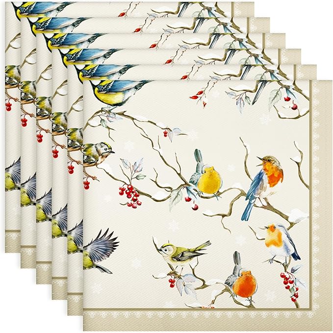 Winter Birds Napkins, 18×18 Inch Vintage Dinner Cloth Napkins Set of 6, Washable Cotton Soft Absorbent Square Napkins for Dining Kitchen Party Wedding Decoration