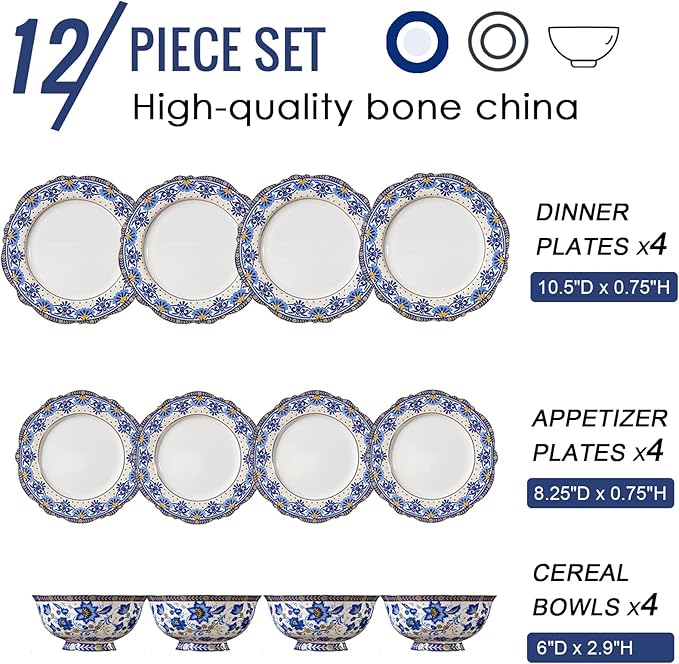ACMLIFE 12-Piece Bone China Dinnerware Set, Blue and White Vintage Floral Dinnerware Set Service for 4, Lightweight Plates and Bowls Set with Gift Box (Blue-B)