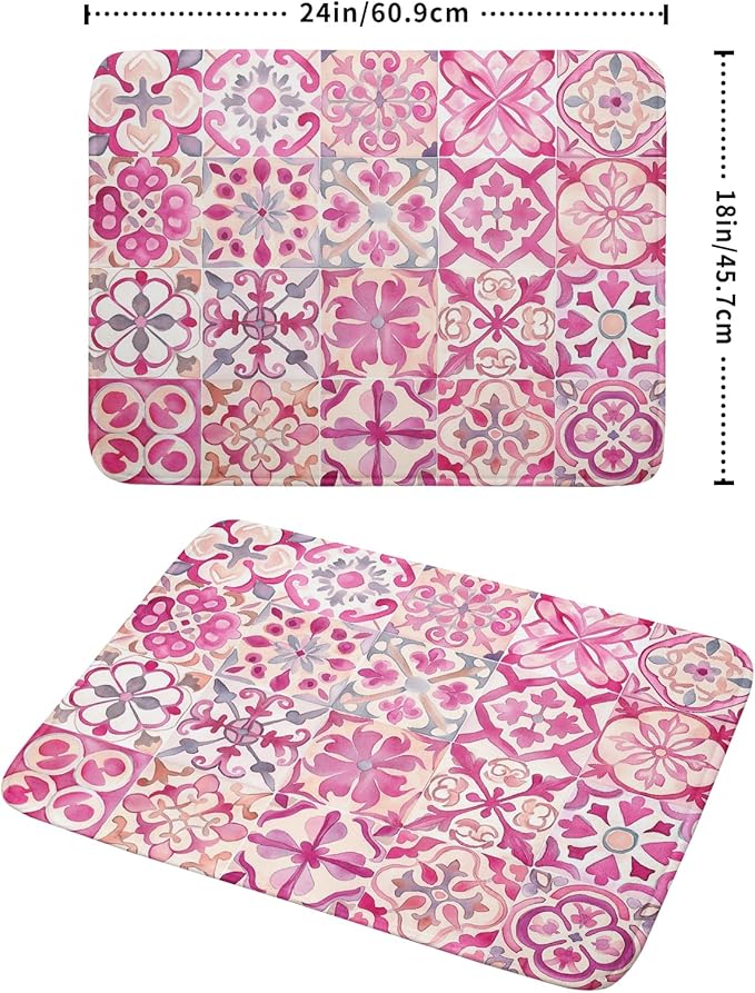 Pink Mexican Tiles Dish Drying Mat Absorbent Microfiber Dish Drying Pad for Kitchen Multi-use Large
