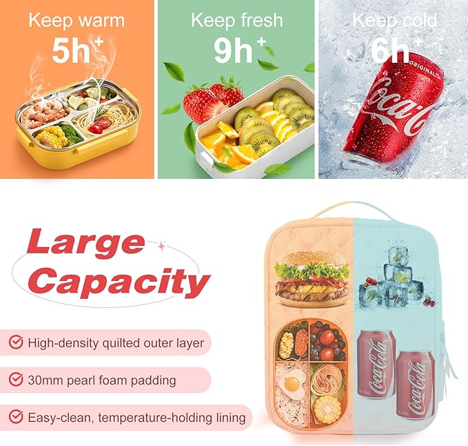 Aileam Lunch Box Lunch Bag for Women Cute Girls Insulated Womens Lunch Bag For Work Quilted Large Capacity Reusable Insulated Cooler for Work School Picnic Travel, Pink Bow