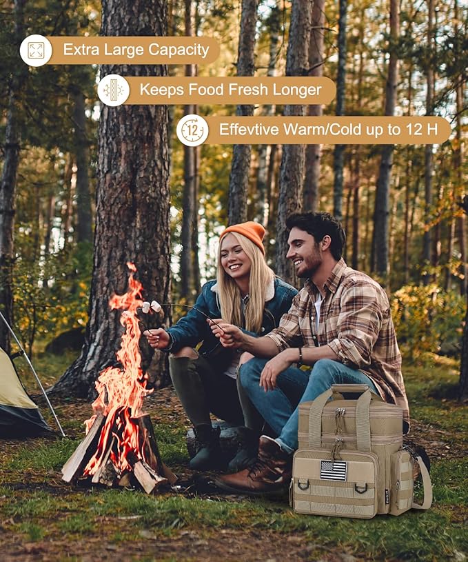 Tactical Lunch Box for Men, Expandable Large Insulated Lunch Bag for Adult, Heavy Duty Double Deck Lunch Cooler Bag with Shoulder Strap, Leakproof Soft Lunch Pail with American Flag - Sandy