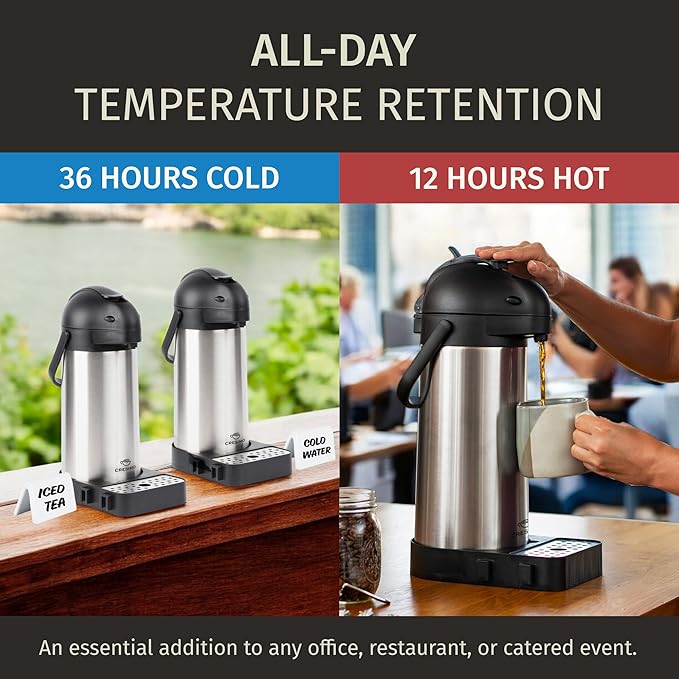 Airpot Coffee Dispenser with Pump & Tray - 102oz/3L Coffee Carafe with Pump - 12 Hours Hot Drink Dispenser for Parties - Stainless Steel Thermal Carafe for Hot Cocoa Bar -Easy-to-Use Insulated Pitcher