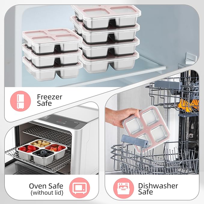 BEFOY 4 Pack Stainless Steel Snack Containers with Lids 4 Compartment Food Storage Containers for Adults Meal Prep Reusable for work or going out.(pink, 4)