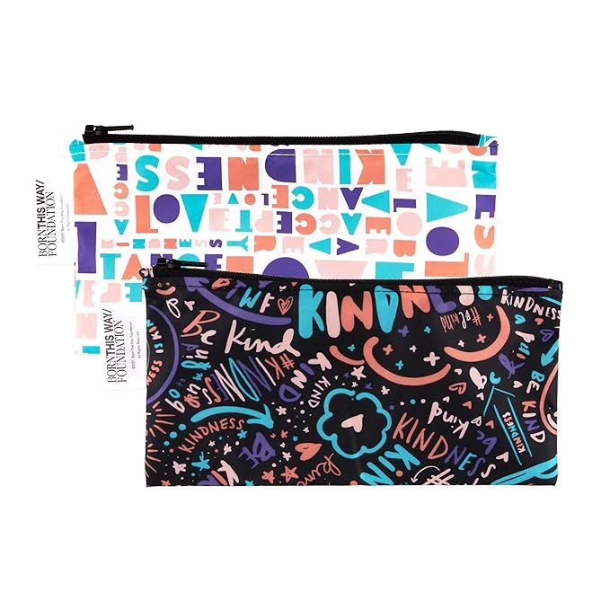 Bumkins Reusable Snack Bags, for Kids School Lunch and for Adults Portion, Washable Fabric, Waterproof Cloth Zip Bag, Supplies Travel Pouch, Food-Safe Storage, 2-pk Born This Way Kindness