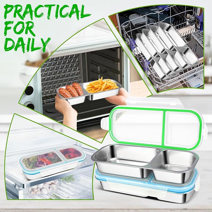 2 Pack Stainless Steel Snack Containers with Lids - Reusable 2 Compartment Snackle Box Container Divide Wet Dry Leakproof Metal Food Storage Containers for School, Home, Travel (Blue + Green)