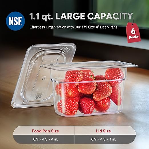 WILPREP 6 Pack Plastic Food Pans with Lids, 1/9 Size 4 in Deep Clear Food Storage Containers, 1.1 qt Stackable Polycarbonate Commercial Hotel Pans for Fruits Vegetables Beans Corns, NSF Listed