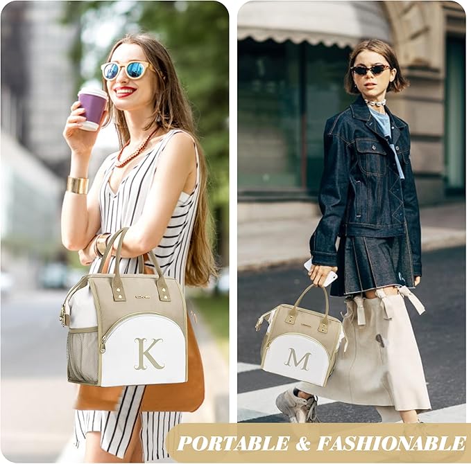 Personalized Lunch Box for Women, Reusable Insulated Lunch Bag, Wide-Open Adult Lunchbox Cooler Lunchbag Snack Organizer, Initial Leakproof Lunch Tote Bag for Picnic Work Outdoors, M