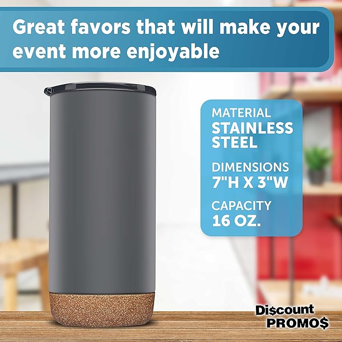 DISCOUNT PROMOS Travel Tumblers with Cork Bottom 16 oz. Set of 10, Bulk Pack - Double Wall Insulated, Matte Finish, Perfect for Iced Coffee, Soda, Other Beverages - Grey