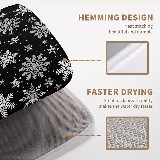 Winter Snowflake Black Dish Drying Mat Christma Snowflakes Large Kitchen Mats Dish Drying Pad Absorbent Dish Dryer Mat for Kitchen Countertops Microfiber Drainer Pad Dish Drying Mats (18x24 in)