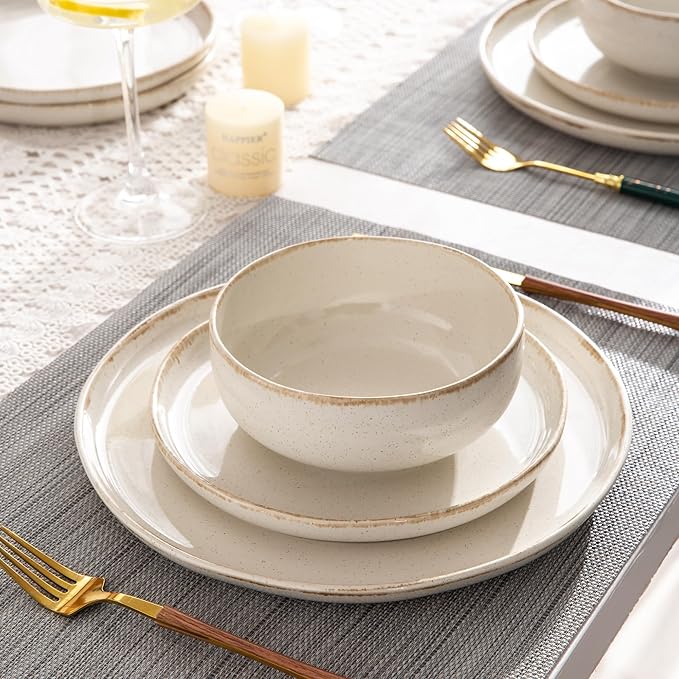 AmorArc Ceramic Dinnerware Sets, Wavy Rim Stoneware Plates and Bowls Sets, Highly Scratch Resistant | Dishwasher & Microwave Dishes set, Service for 6 (18pc)-Speckled Cappuccino