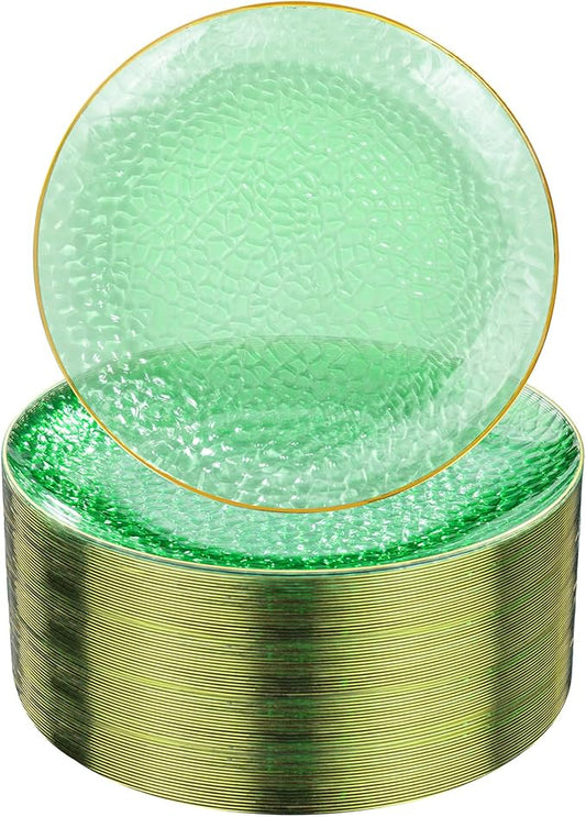 Rubtlamp 100 Pcs Green And Gold Plastic Plates - 10 inch Clear Green Gold Dinner Plates - Hammer Pattern Design - Fancy Disposable Platos - Heavy-Duty Party Platos Ideal for Wedding