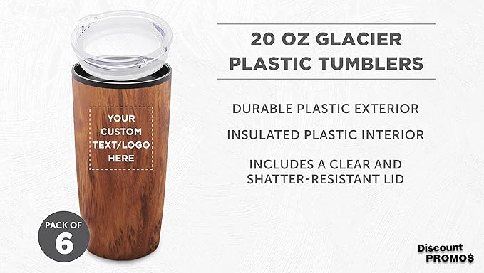 Custom Plastic Tumblers 20 oz. Set of 6, Personalized Bulk Pack - With lids, Ice Coffee Tumbler, To Go Cup, Insulated - Wood