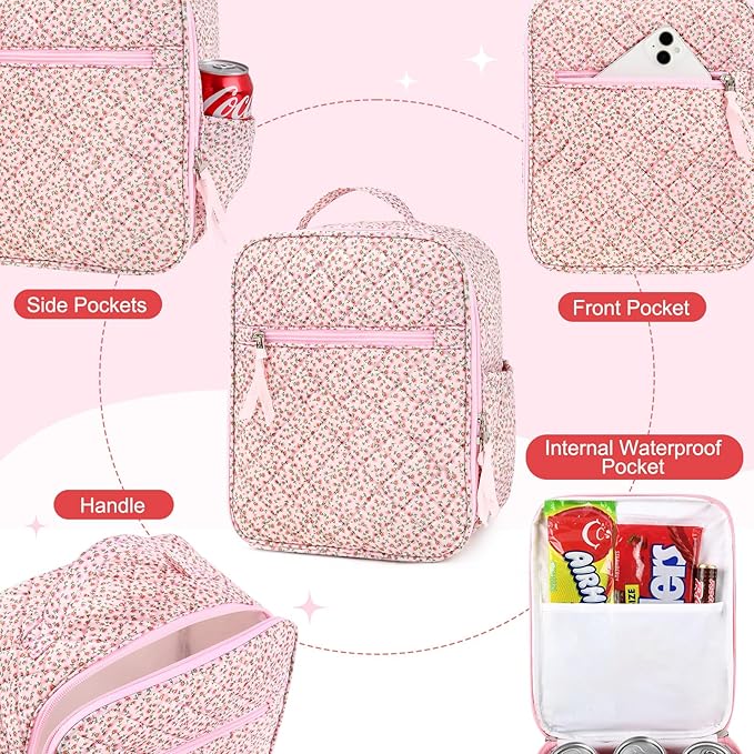 Aileam Lunch Box for Women Cute Lunch Bag Quilted Reusable Insulated Lunch Box Aesthetic Lunch Tote Bags Floral Cotton Lunch Case for Travel Work Picnic (PINK DITSY)
