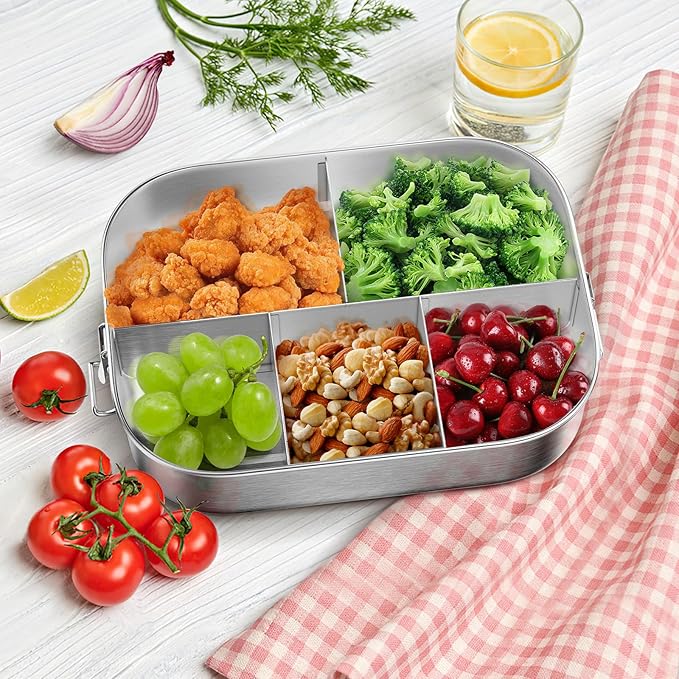 47oz/1400ML Stainless Steel Lunch Box, 5 Compartments Bentobox for Kids or Adults, Metal Bento Box with Lockable Clips, Leakproof Food Storage Container for Work Lunch