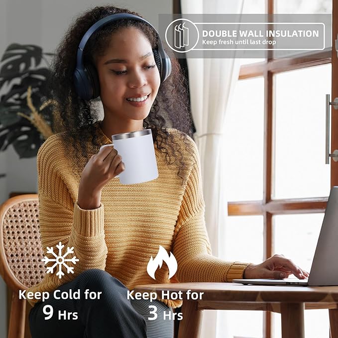 Volhoply 12oz Insulated Leakproof Coffee Mug with Flip & Straw Lid Bulk 4 Pack,Not Suitable for Sublimation,Double Wall Vacuum Stainless Steel Travel Tumbler Cup with Handle(White,4 Set)