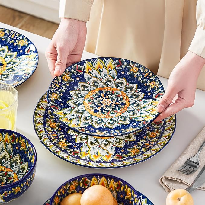 vancasso 12 Pieces Dinnerware Sets, Blue Plates and Bowls Set, Porcelain Dishes Set for 4, Microwave and Dishwasher Safe, Scratch Resistant, Bohemian Style Dining Ware Service for 4, Series SIMI