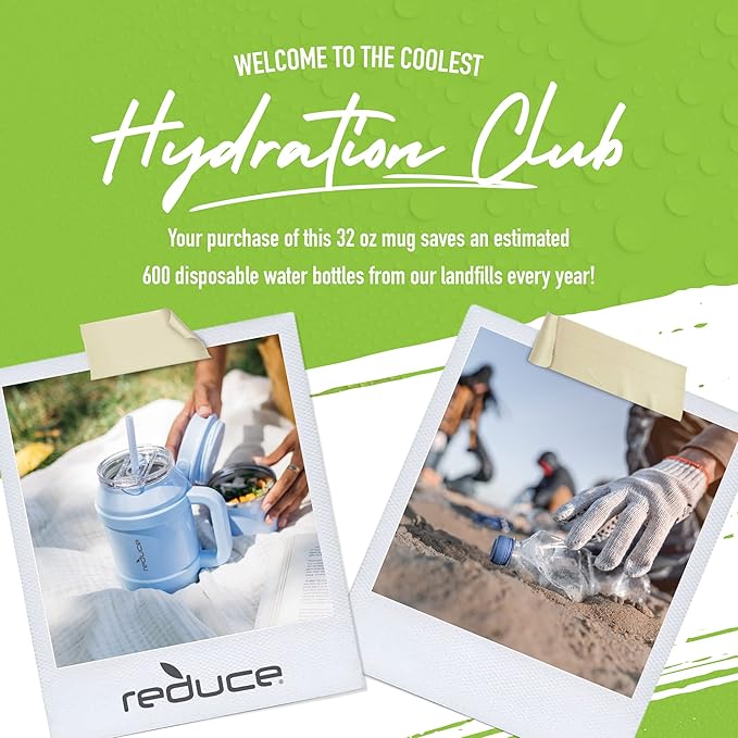 REDUCE Reusable 32 oz Cold1 Water Tumbler – Ergonomic Handle – Double-Wall Insulation – Sturdy Desktop/Tabletop Mug with Lid and Straw – BPA-Free – Stainless Steel for Gym, Home, or Office– Cotton