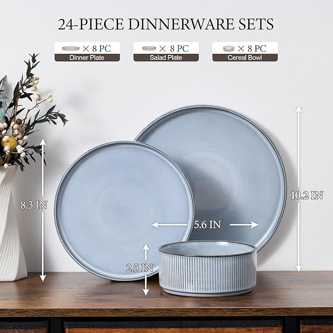 E-far 24-Piece Stoneware Dinnerware Sets, Plates and Bowls Sets for 8, Kitchen Modern Dinning Porcelain Dishes Set, Chip & Scratch Resistant, Dishwasher & Microwave Safe, Dusty Blue