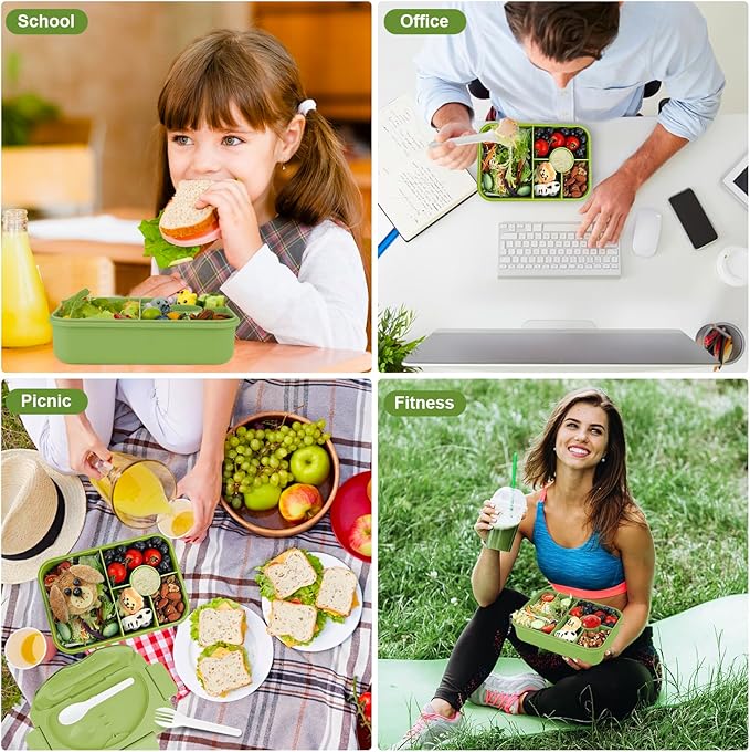 Bento Box Adult Lunch Box,Lunch Containers for Adults Kids,5-Compartment Bento Box for Kids Snack Boxes with Cutlery (Green)