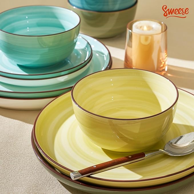 Sweese Plates and Bowls Sets, 18 Piece Dinnerware Set Porcelain Round Dinner Set for 6, Scratch Resistant Dishes Set, Dishwasher and Oven Microwave Safe Handpainted Swirl Dishware Sets, Assorted Green