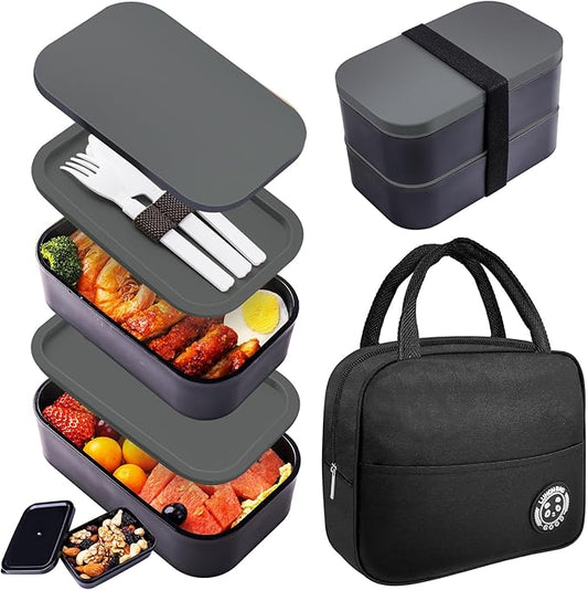 Bento Box with Lunch Bag Microwavable All-in-One Meal Prep Compartment Lunch Containers with Utensils Leak Resistant Lunch Box with Sauce Container 60oz Gray