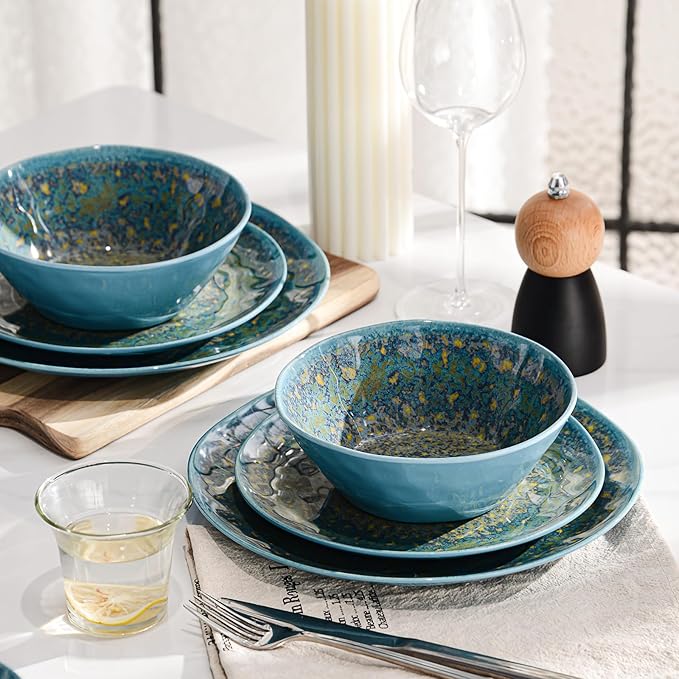 FINE&NICE Melamine Dinnerware Set of 12Pcs, Dish Set for 4, Lightweight Unbreakable Plates and Bowls Set, Great for RVs Camping, Dishwasher Safe,Rusty Blue