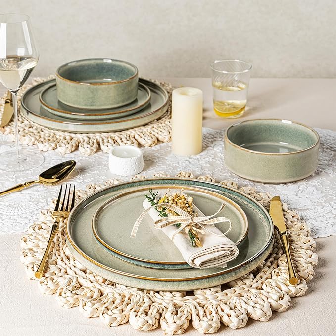 AmorArc Ceramic Dinnerware Sets, Handmade Reactive Glaze Stoneware Plates and Bowls Sets,Highly Chip and Crack Resistant | Dishwasher & Microwave Safe Dishes Set, Service for 8 (24pc)