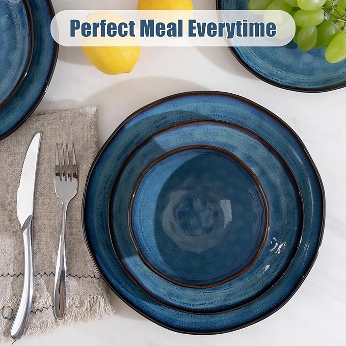 Dinnerware Set Blue 12 Pieces Service for 4, Stoneware Plates and Bowls Set Stoneware Set, Dishwasher Microwave Safe Dishes set