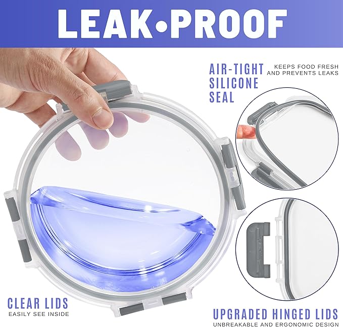 Sorbus 16pc Glass Meal Prep Containers Set – 8 Round 32oz Containers with Airtight Lids – Freezer, Dishwasher, Oven Safe – Reusable Food Storage Bowls, 4 Cup Capacity for Meal Prep and Storage Grey