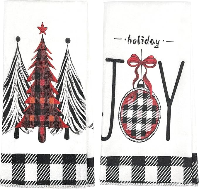 Black & White Buffalo Plaid Christmas Kitchen Towels Set of 2 | 18x26 Inch Dish Towels with Xmas Tree Holiday Decor for Farmhouse Kitchen & Bath