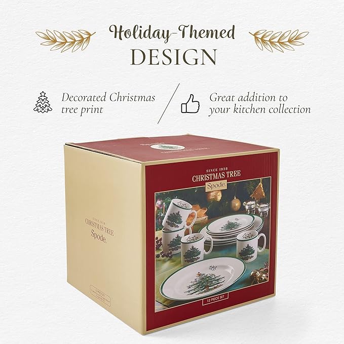 Spode Christmas Tree 12-Piece Dinnerware Set (Service for 4) - Festive Holiday Tableware with Plates & Mugs - Fine Earthenware Christmas Dinnerware - Microwave & Dishwasher Safe