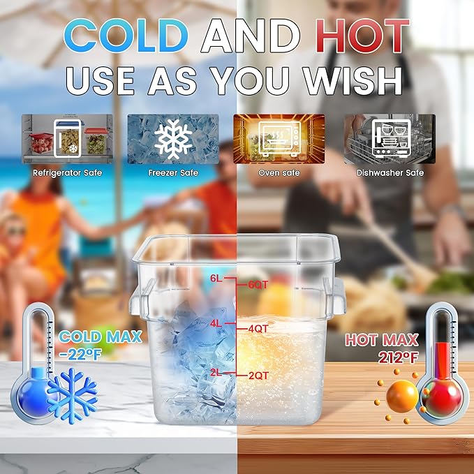 4 Pack Clear Food Storage Containers with Lids and Handles Polycarbonate Square Commercial Food Containers, NSF (6Qt)