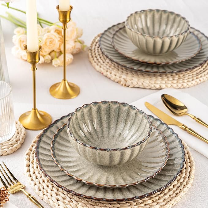 GBHOME Stoneware Dinnerware Sets for 4,Handcrafted Embossed Design Reactive Glaze Ceramic Plates and Bowls, Dishwasher and Microwave Safe, Service for 4(12pcs)
