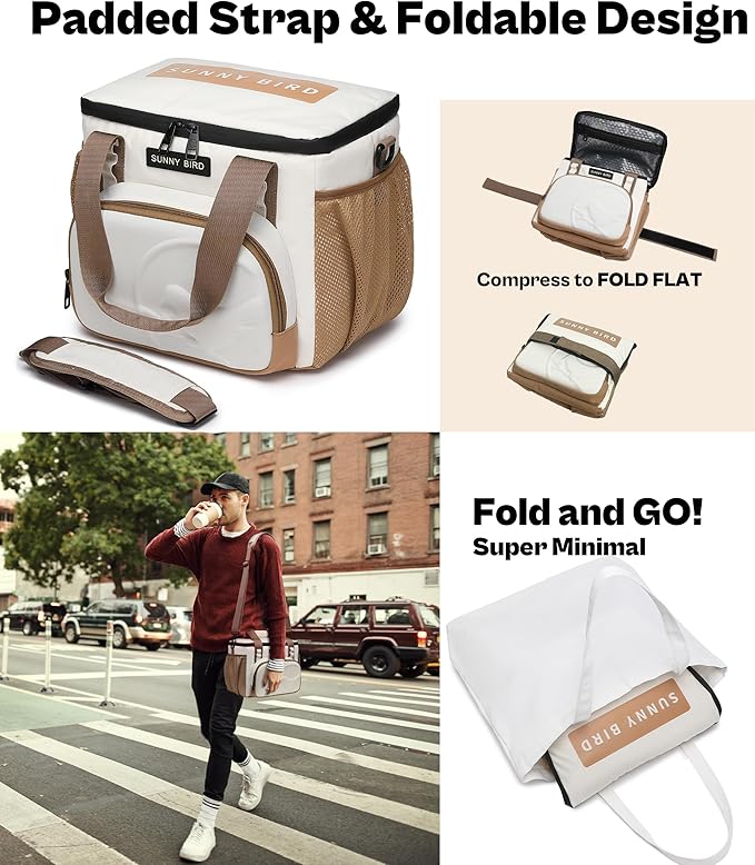 SUNNY BIRD 12L Large Insulated Lunch Bag, Leakproof and Foldable Lunch Cooler Box for Women Adult and Men, Fits 18 Cans (Ivory White 01)