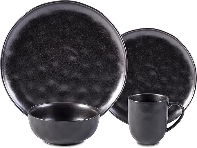 Organic Stoneware Sky Star 16pc Dinner Set Reactive Glaze, Black