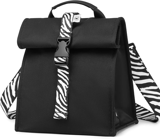 SUNNY BIRD Insulated Lunch Bag Rolltop Lunch Box Tote Bag for Women, Men, Adults and Teens (Black with white strap)