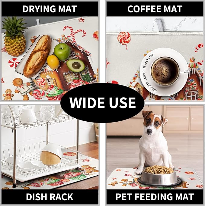 Christmas Dish Drying Mat for Kitchen Counter 16x18 Gingerbread House Man Candy Canes Cookie Cake Drying Mat for Dishes Xmas Winter Holiday Microfiber Drying Pad Dish Drying Pad for Coffee Bar Sink