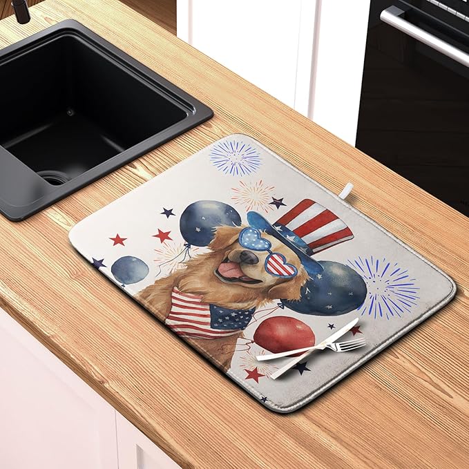 4th of July Patriotic Dog Dish Drying Mat 18 x 24 Inch US Independence Day Blue White Red Kitchen Drying Mat Firework Holiday Dish Drainer Mats Super Absorbent Dish Rack Pad for Kitchen Counter