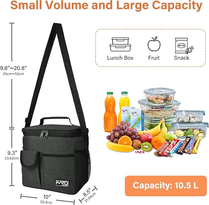 Tirrinia Insulated Large Lunch Bag for Women Men, Leakproof Lunch Box Containers for Adults, Work, School, Soft Lunchbox for Kids, Boys, Adult Cooler Bag for Picnic, Hiking,Beach, Black