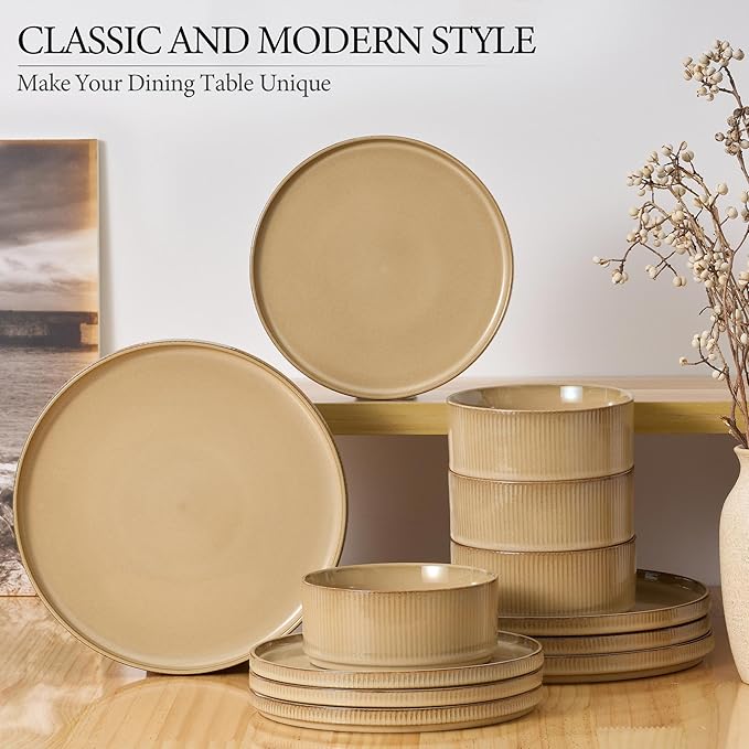 E-far Stoneware Dinnerware Sets, 18-Pieces Modern Plates and Bowls Sets, Kitchen Dinning Porcelain Dishes Set for 6, Chip & Scratch Resistant, Dishwasher & Microwave Safe, Caramel Khaki